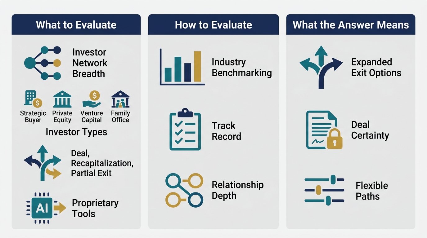 Three-column infographic showing investor network evaluation criteria: What to Evaluate (Investor Network Breadth, Investor Types, Deal Structures, Proprietary Tools), How to Evaluate (Industry Benchmarking, Track Record, Relationship Depth), and What the Answer Means (Expanded Exit Options, Deal Certainty, Flexible Paths).