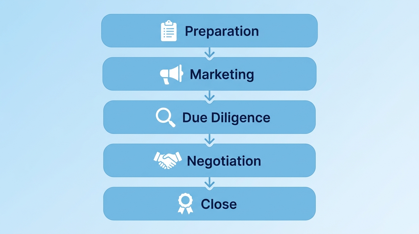 Vertical process flow diagram showing five M&A deal stages: Preparation, Marketing, Due Diligence, Negotiation, and Close with icons and arrows.