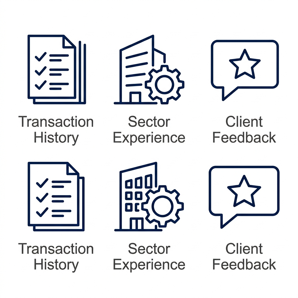 Three icons representing transaction history, sector experience, and client feedback.