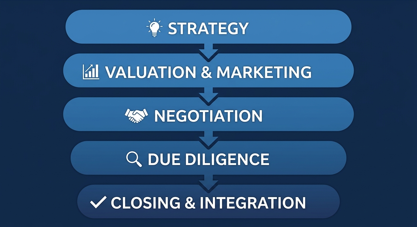 Vertical process flow diagram showing five stages of an M&A transaction with labeled icons connected by arrows on a dark navy background.
