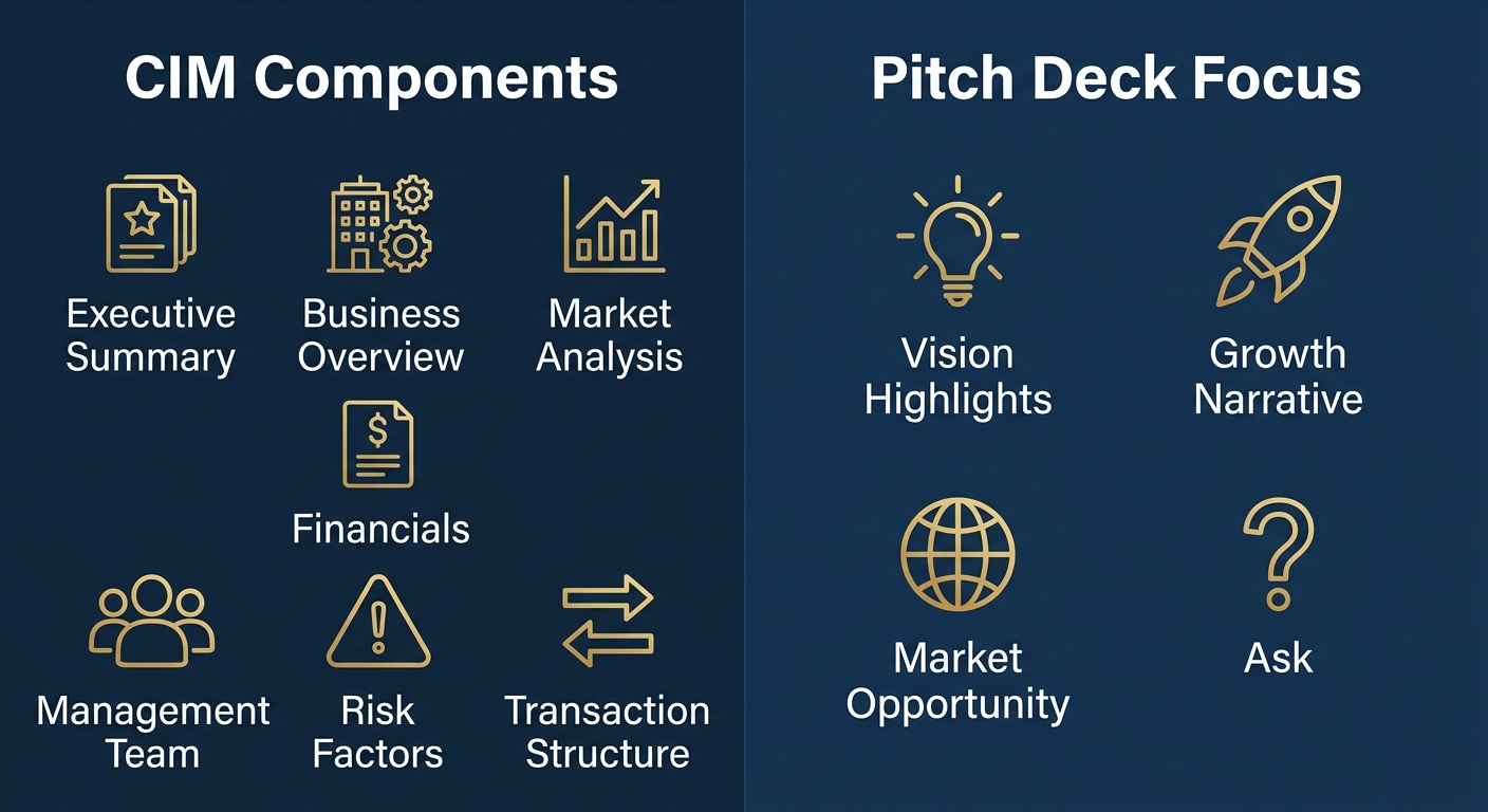Infographic with two columns: left column titled CIM Components listing Executive Summary, Business Overview, Market Analysis, Financials, Management Team, Risk Factors, Transaction Structure; right column titled Pitch Deck Focus listing Vision Highlights, Growth Narrative, Market Opportunity, Ask.