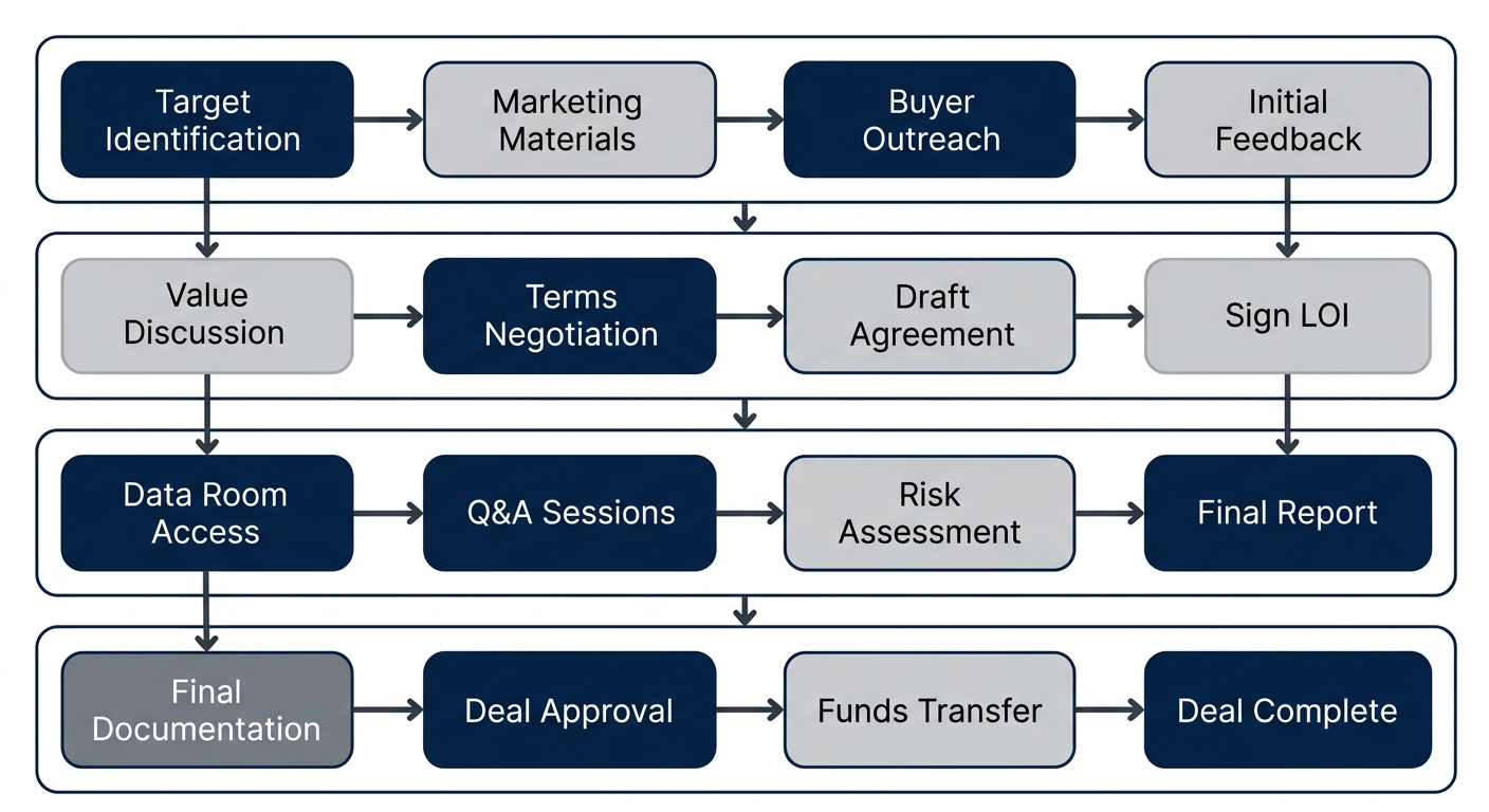 Diagram of four stages of M&A process: Marketing & Buyer Identification, Negotiation & Letter of Intent, Due Diligence, Closing.