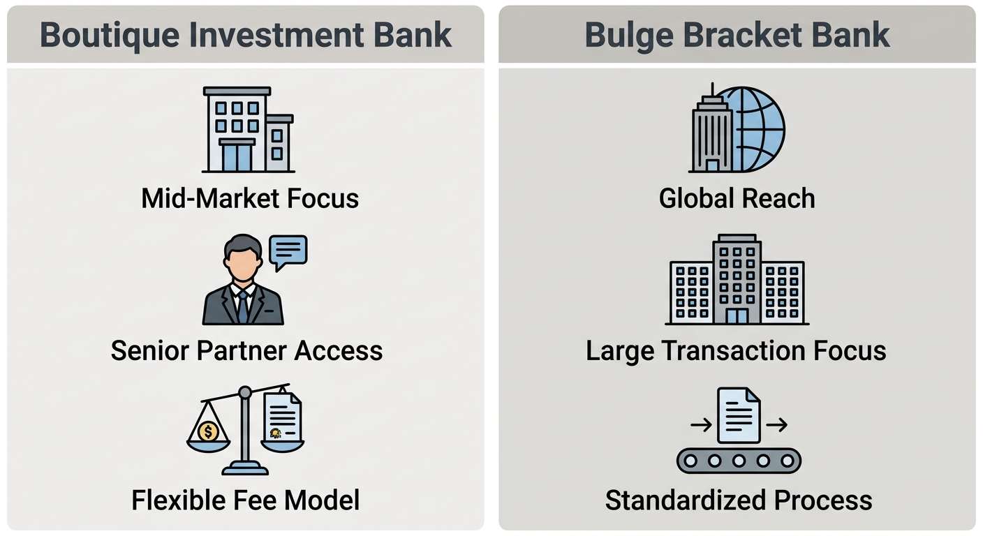 Comparison of Boutique Investment Bank and Bulge Bracket Bank with three key features each: mid-market focus, senior partner access, flexible fee model versus global reach, large transaction focus, standardized process