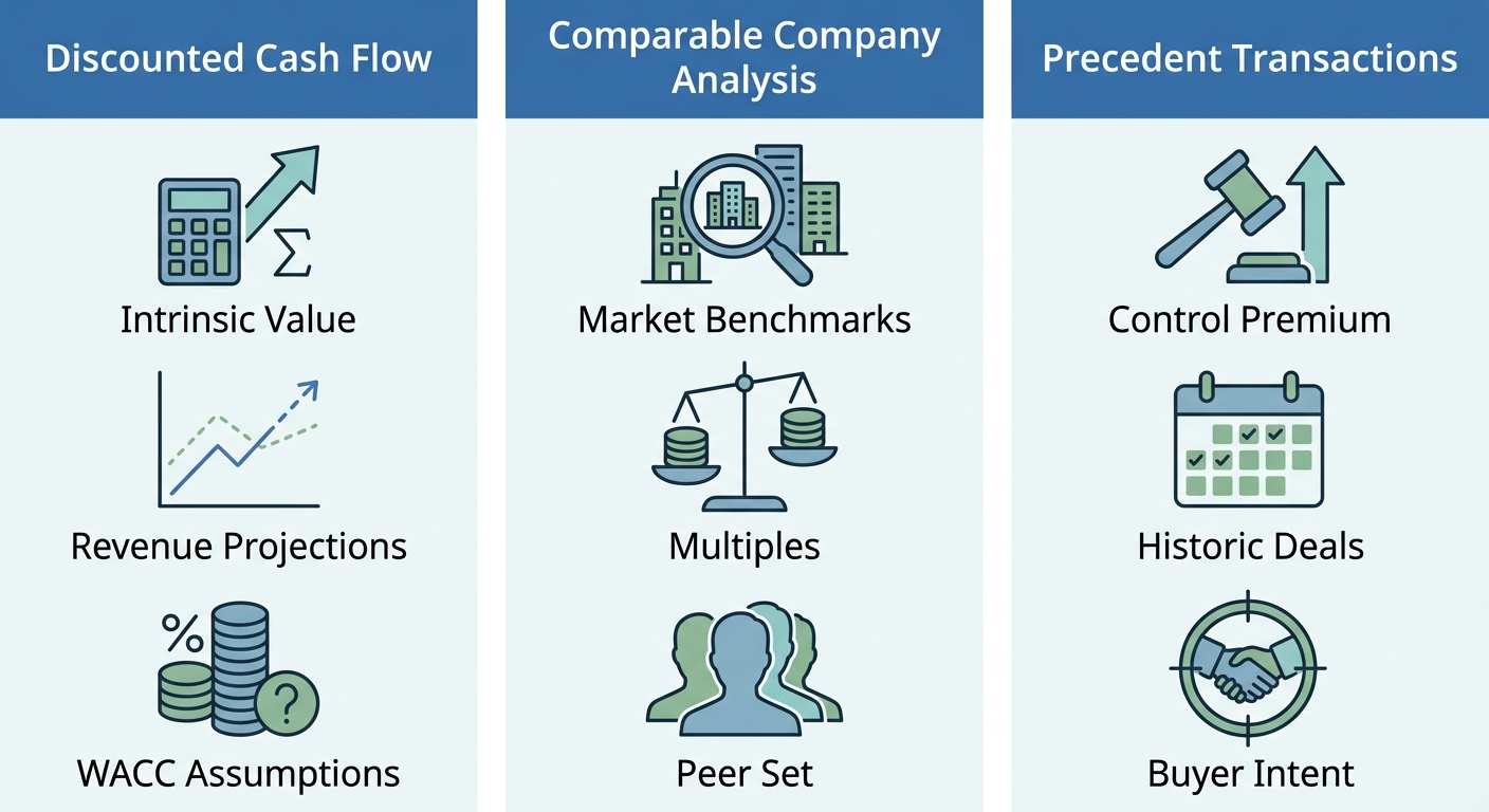 Infographic comparing three business valuation methods: Discounted Cash Flow, Comparable Company Analysis, and Precedent Transactions, each with three key characteristics.
