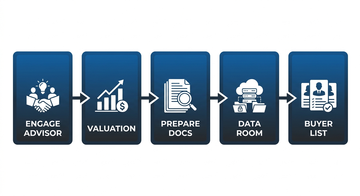 Diagram showing the five-step process for selling a Florida business: engage M&A advisor, perform business valuation, prepare key documents, set up virtual data room, create buyer list and begin outreach