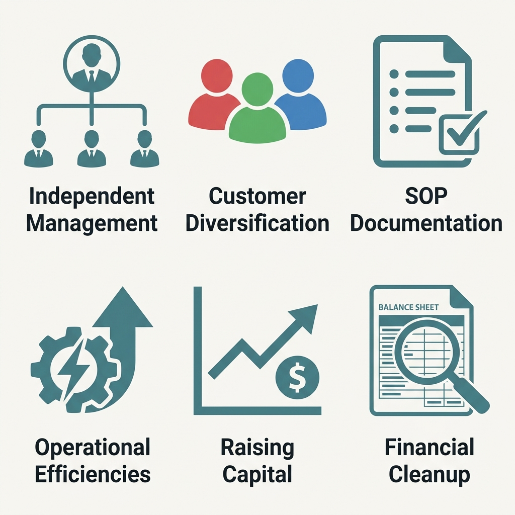 Six icons representing pre-sale readiness checklist items: Independent Management, Customer Diversification, SOP Documentation, Operational Efficiencies, Raising Capital, Financial Cleanup, each with descriptive glyphs.