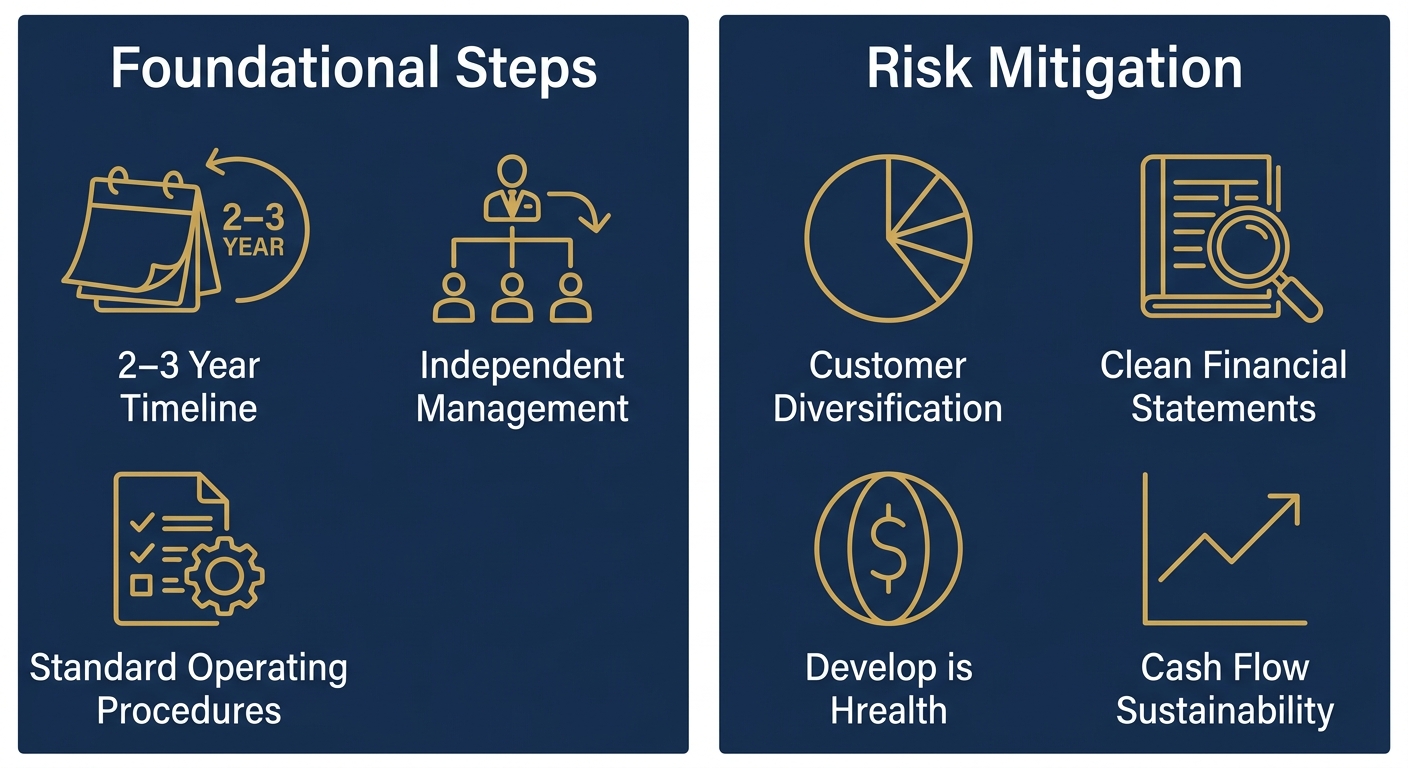 Infographic illustrating foundational steps and risk mitigation for preparing a company for sale, with icons for timeline, management, procedures, diversification, financials, and cash flow.