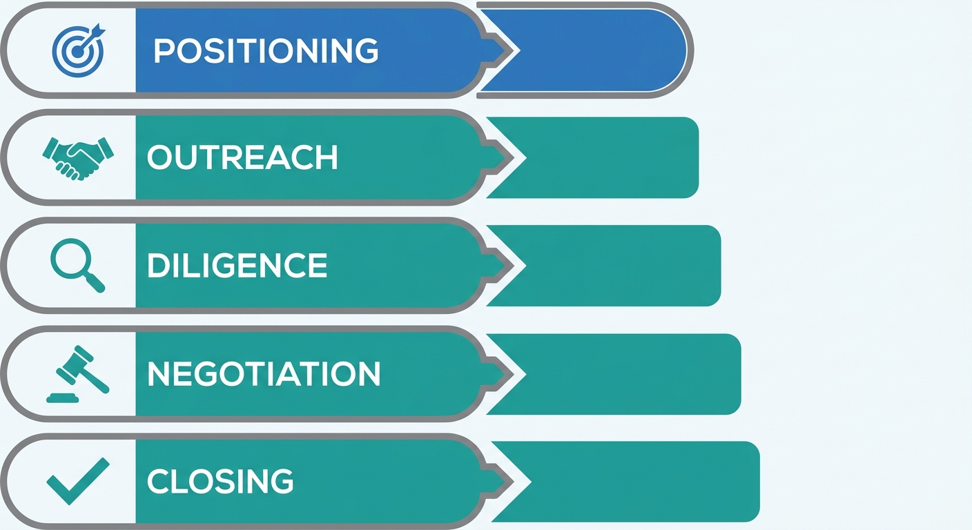 Full-cycle M&A execution process flow diagram showing five sequential stages from positioning to closing with icons and arrows