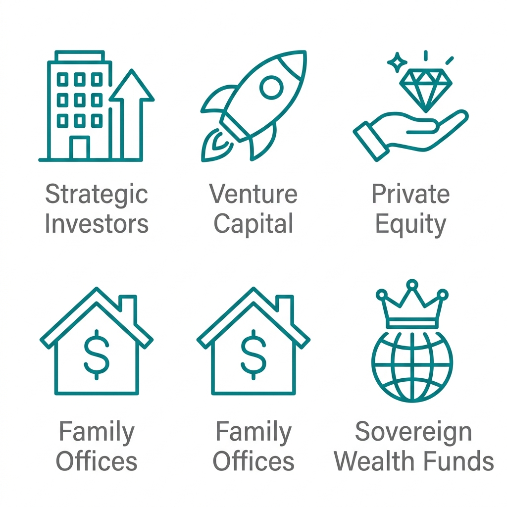 Five outlined icons representing investor network categories: Strategic Investors, Venture Capital, Private Equity, Family Offices, and Sovereign Wealth Funds.