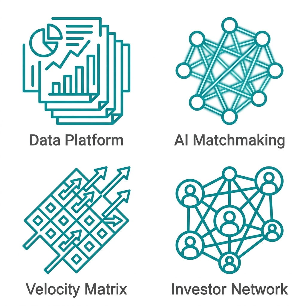 Icon set showing boutique M&A advisory advantages: data platform, AI matchmaking, velocity matrix, investor network.