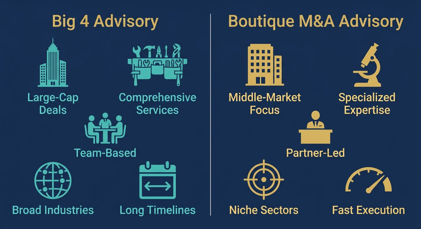 Two-column infographic comparing Big 4 Advisory and Boutique M&A Advisory across five dimensions: deal focus, services, leadership, industries, and timeline.