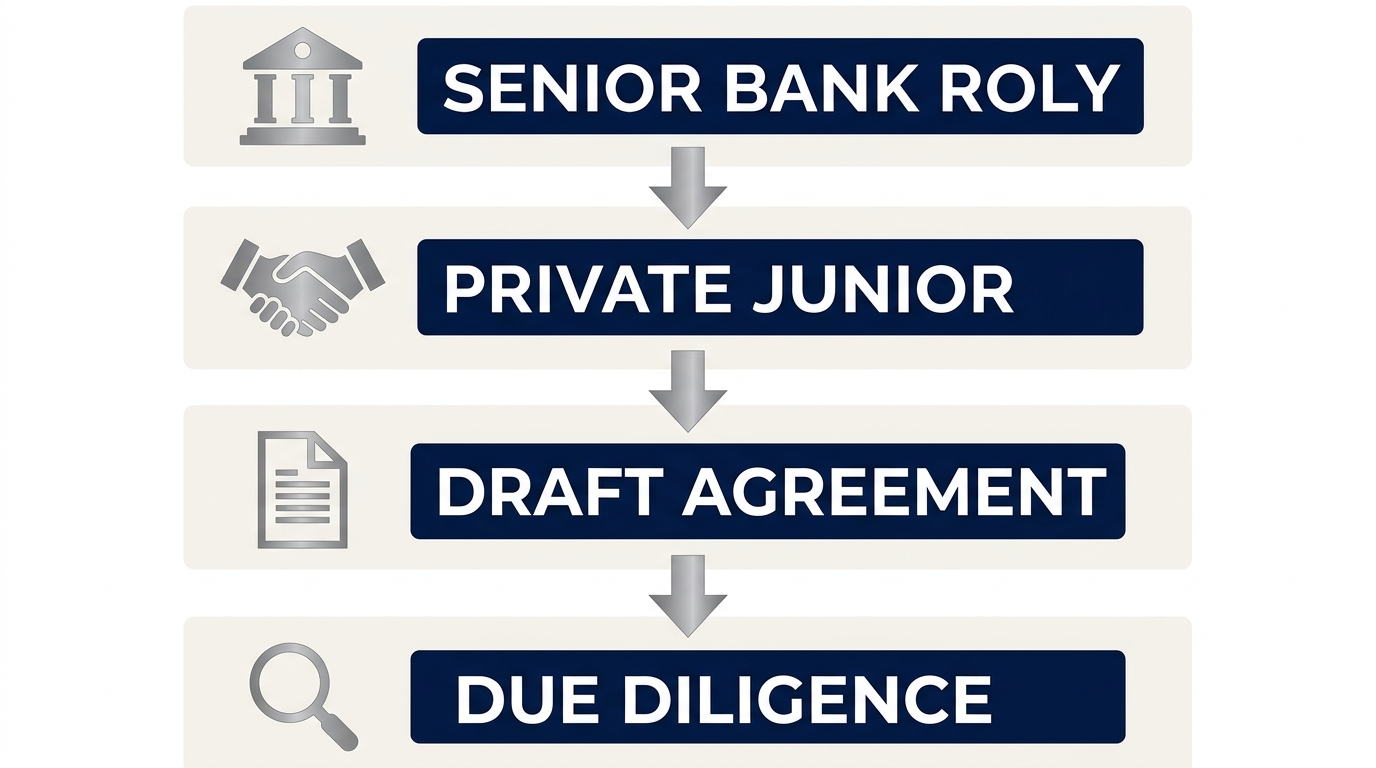 Vertical process flow with four steps for private credit and bank-fund convergence: senior bank role, private junior partnership, bilateral agreement drafting, and due diligence covenant negotiation. Connected by arrows with icons for bank building, handshake, document, and magnifying glass. Professional financial style.