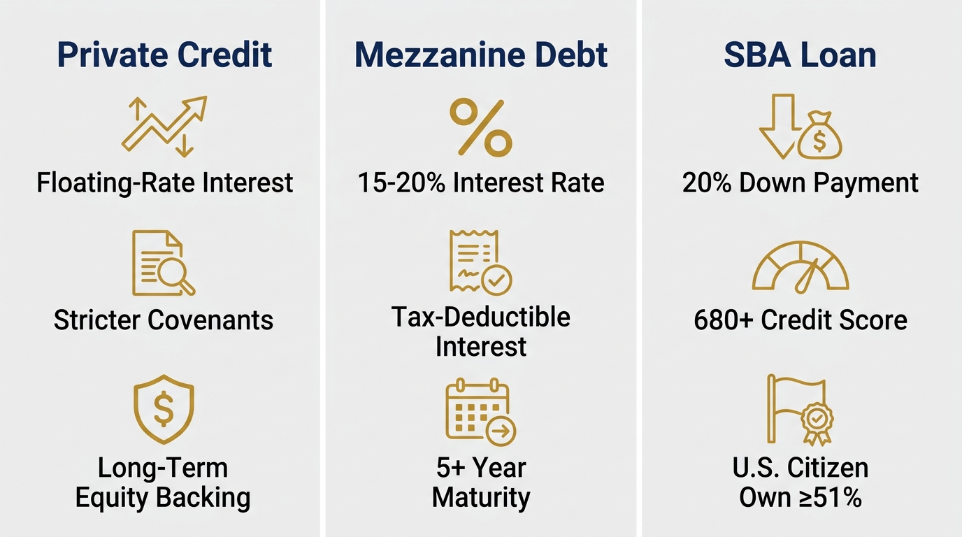Three-column infographic comparing Private Credit, Mezzanine Debt, and SBA Loan features with icons and labels on a navy blue and gold palette.