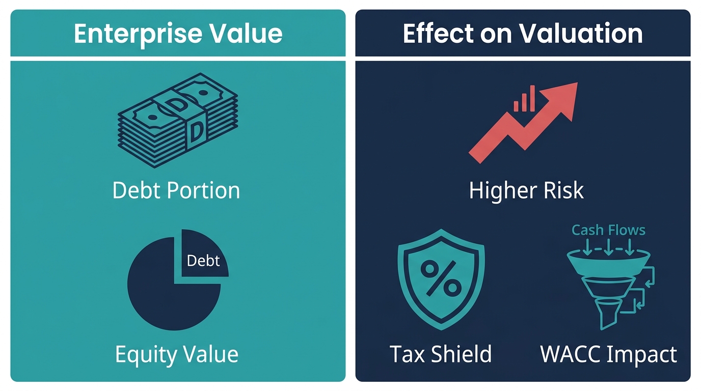 Split-panel infographic comparing enterprise value components and effects of debt on valuation