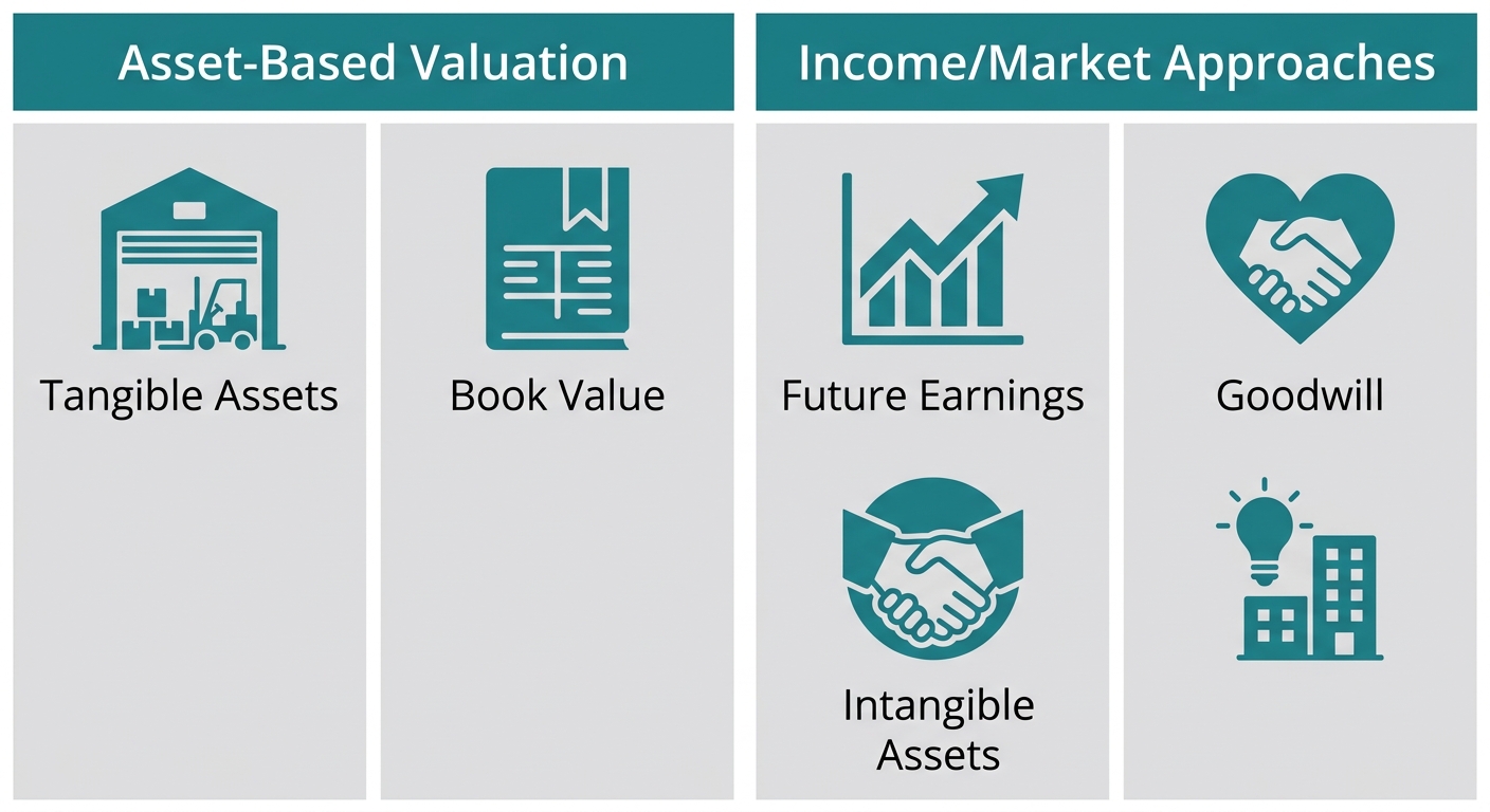 Two-column infographic comparing asset-based valuation with income and market approaches. Left column: Tangible Assets and Book Value as building blocks. Right column: Future Earnings, Goodwill, and Intangible Assets as glowing icons.