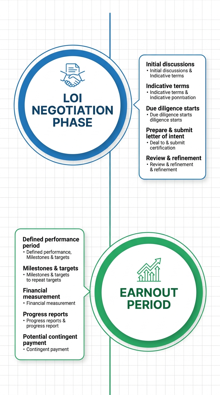 Vertical M&A timeline showing LOI negotiation phase with blue marker and earnout period with green marker on a white grid background.