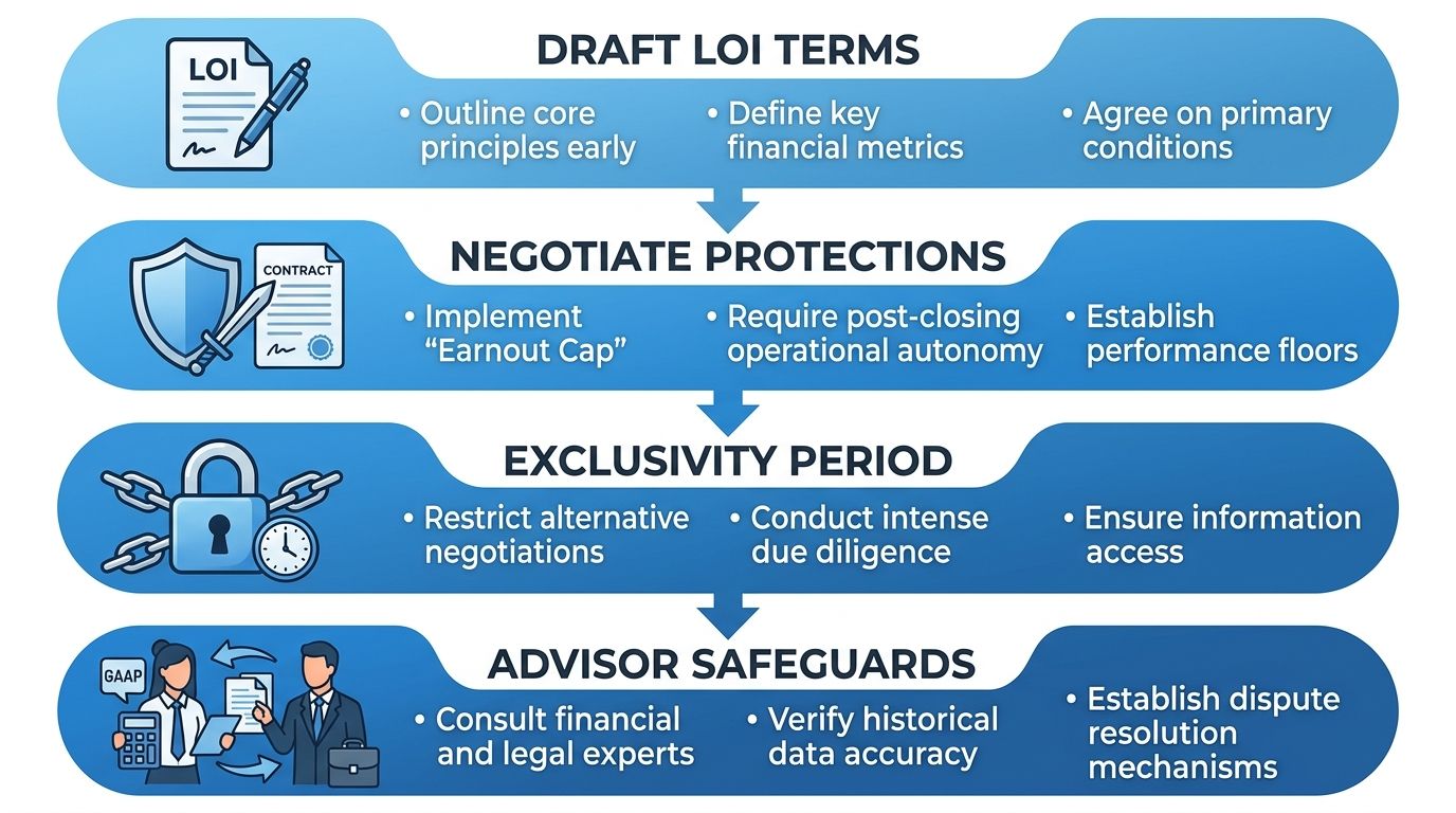 Vertical process flow diagram with four stages: Draft LOI Terms, Negotiate Protections, Exclusivity Period, and Advisor Safeguards, connected by downward arrows, illustrating the earnout lifecycle for legal advisory.