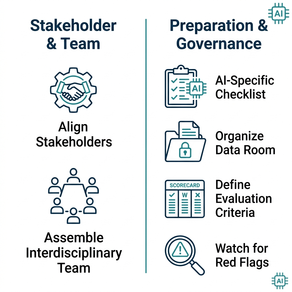 Infographic showing two columns of AI due diligence preparation steps: Stakeholder & Team and Preparation & Governance with clean outlined icons