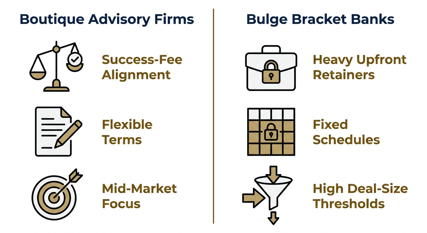 Infographic with two columns comparing boutique advisory firms and bulge bracket banks, each with three flat outlined icons and labels covering success-fee alignment, flexible terms, mid-market focus, upfront retainers, fixed schedules, and deal-size thresholds.